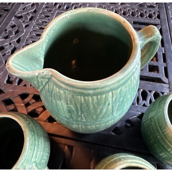Vintage 1920's MCCOY Green Stoneware Barrel 6 Mugs & Pitcher Tankard Set No 4 - Picture 4 of 7